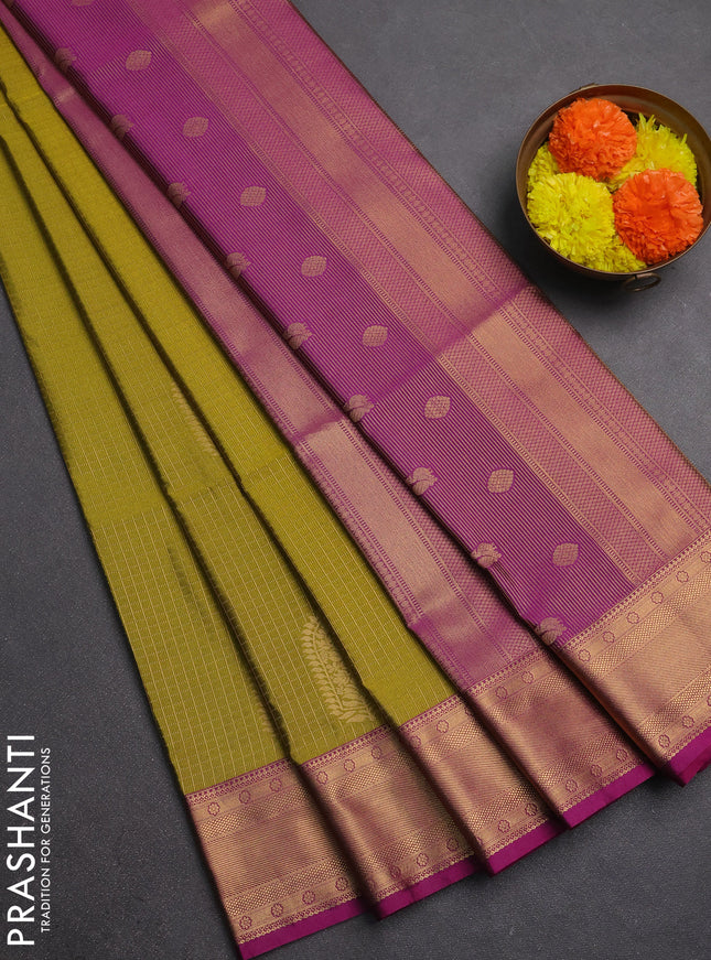 Semi soft silk saree mustard green and magenta pink with allover zari checks & buttas and zari woven border