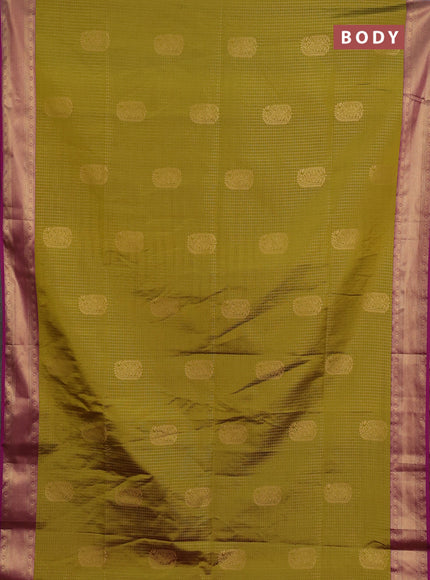 Semi soft silk saree mustard green and magenta pink with allover zari checks & buttas and zari woven border