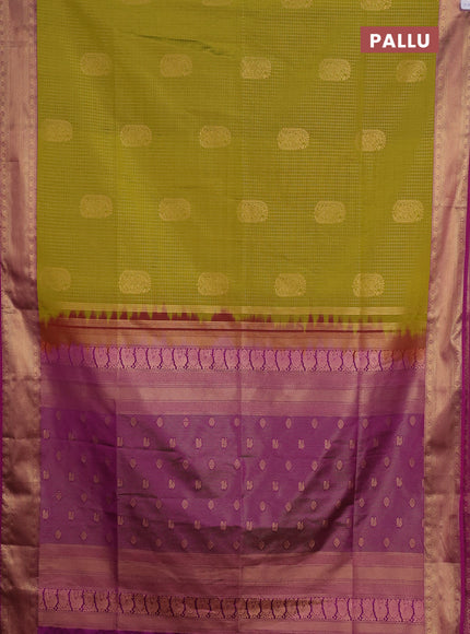 Semi soft silk saree mustard green and magenta pink with allover zari checks & buttas and zari woven border