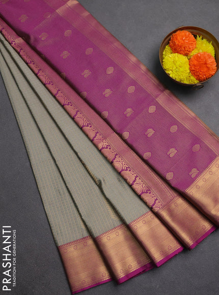 Semi soft silk saree grey and magenta pink with allover zari checks & buttas and zari woven border