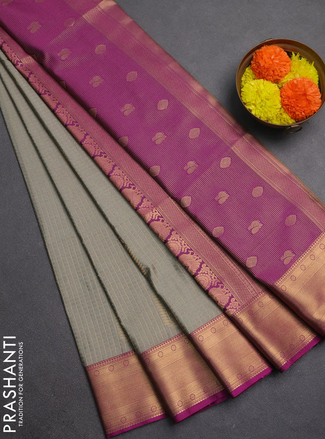 Semi soft silk saree grey and magenta pink with allover zari checks & buttas and zari woven border