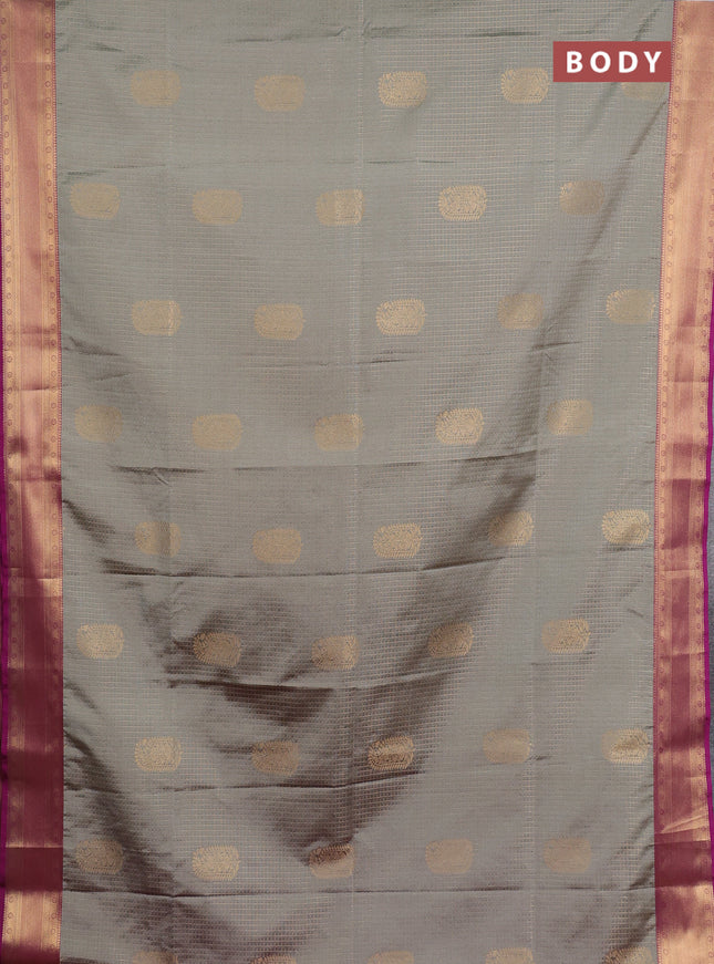Semi soft silk saree grey and magenta pink with allover zari checks & buttas and zari woven border