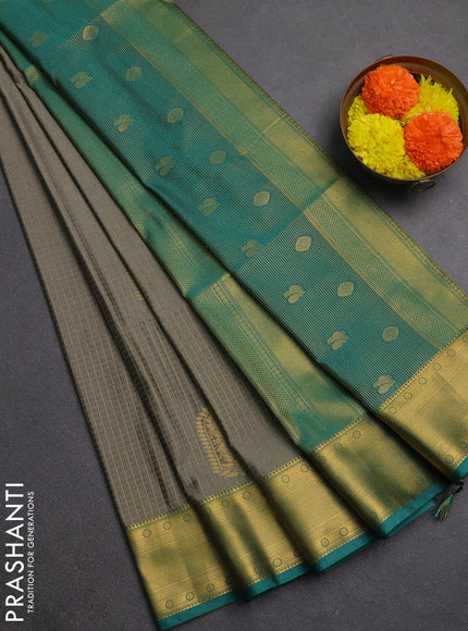 Semi soft silk saree grey and teal green with allover zari checks & buttas and zari woven border
