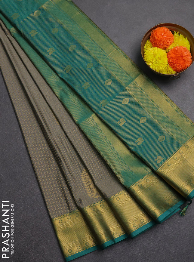 Semi soft silk saree grey and teal green with allover zari checks & buttas and zari woven border