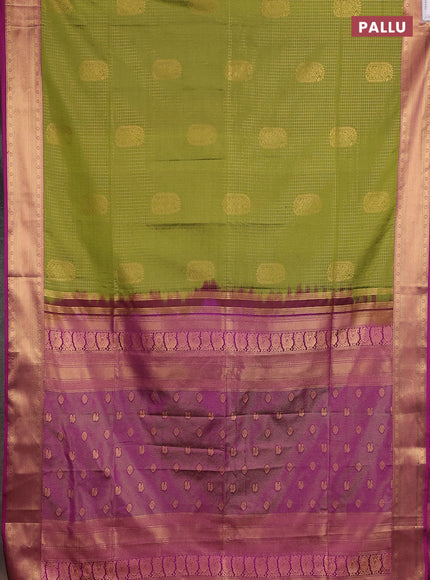 Semi soft silk saree mehendi green and magenta pink with allover zari checks & buttas and zari woven border