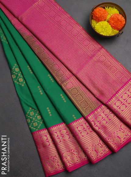 Semi soft silk saree green and pink with allover zari woven buttas and zari woven border
