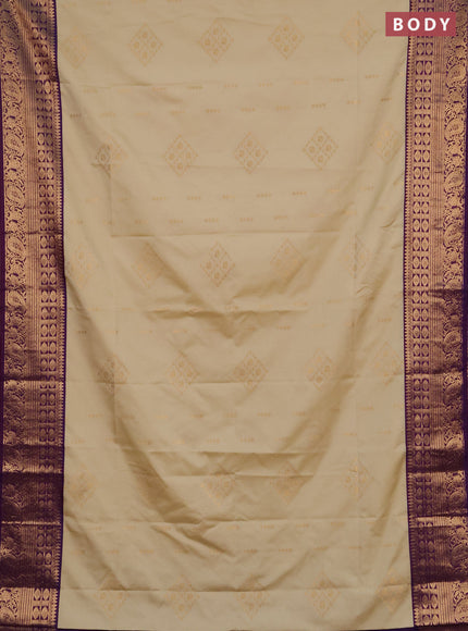 Semi soft silk saree beige and purple with allover zari woven buttas and zari woven border