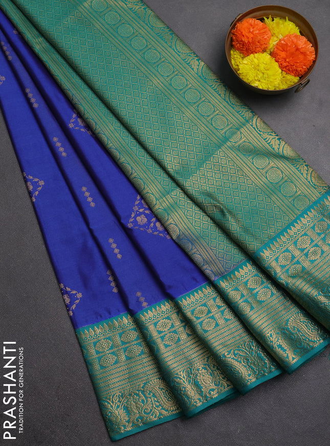 Semi soft silk saree blue and teal green with allover zari woven buttas and zari woven border