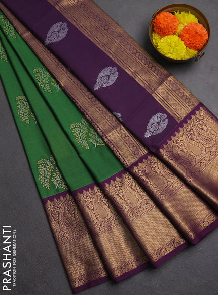 Semi soft silk saree sap green and purple with allover silver & gold zari woven buttas and zari woven border