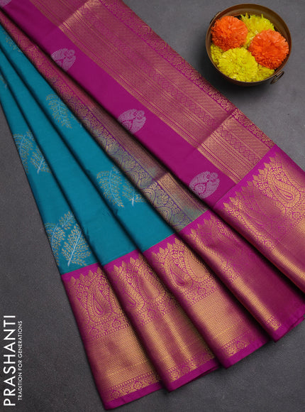 Semi soft silk saree teal green and green magenta pink with allover silver & gold zari woven buttas and ganga jamuna border