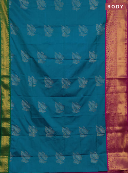 Semi soft silk saree teal green and green magenta pink with allover silver & gold zari woven buttas and ganga jamuna border
