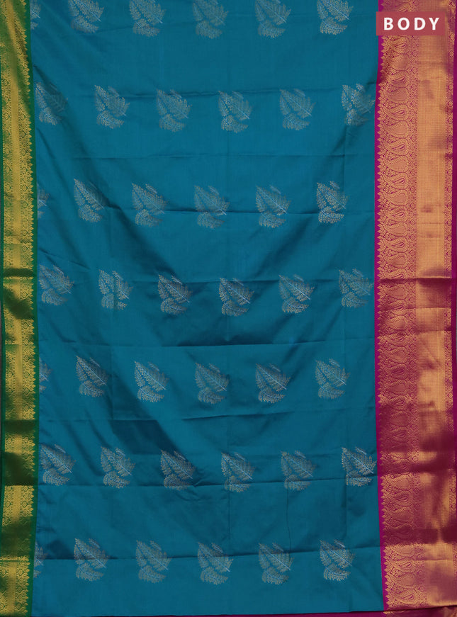 Semi soft silk saree teal green and green magenta pink with allover silver & gold zari woven buttas and ganga jamuna border