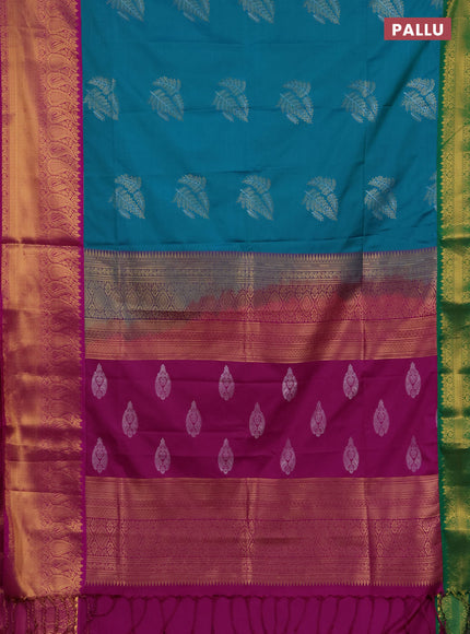 Semi soft silk saree teal green and green magenta pink with allover silver & gold zari woven buttas and ganga jamuna border