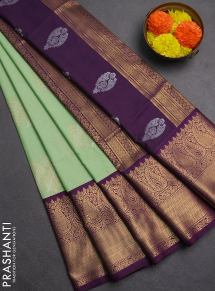 Semi soft silk saree mild pista green and purple with allover silver & gold zari woven buttas and zari woven border