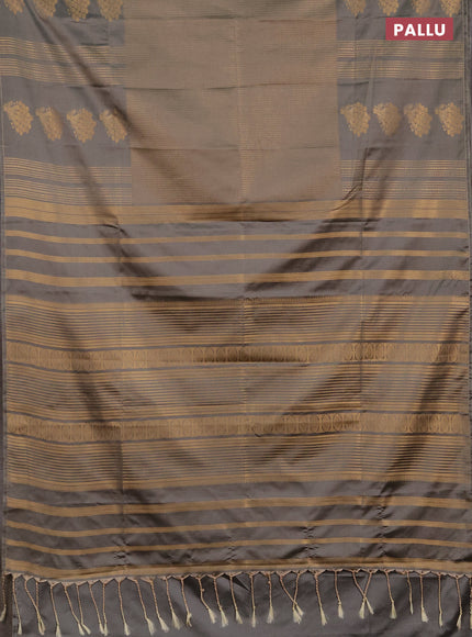 Semi soft silk saree grey shade with allover small silver zari checked pattern and long zari woven border