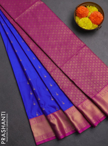 Semi soft silk saree royal blue and magenta pink with allover zari woven buttas and zari woven border