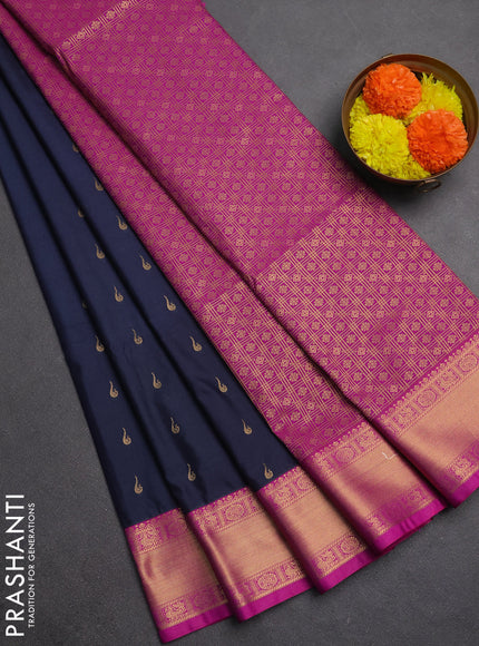 Semi soft silk saree dark grey and magenta pink with allover zari woven buttas and zari woven border