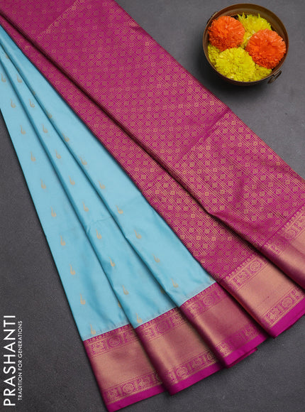Semi soft silk saree light blue and magenta pink with allover zari woven buttas and zari woven border