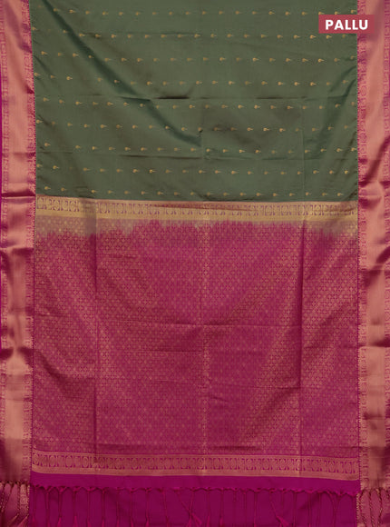 Semi soft silk saree pastel green and magenta pink with allover zari woven buttas and zari woven border