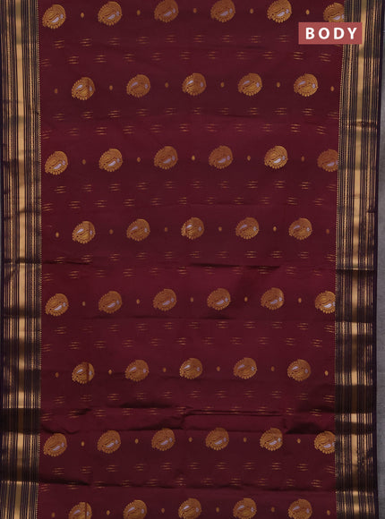 Semi soft silk saree maroon and deep purple with allover zari woven buttas and zari woven border