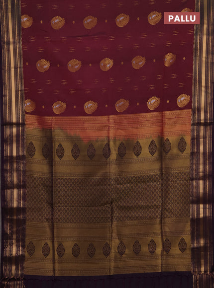 Semi soft silk saree maroon and deep purple with allover zari woven buttas and zari woven border