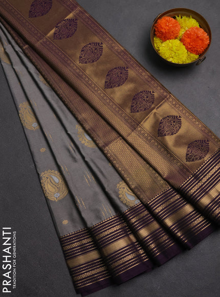 Semi soft silk saree grey and deep purple with allover zari woven buttas and zari woven border