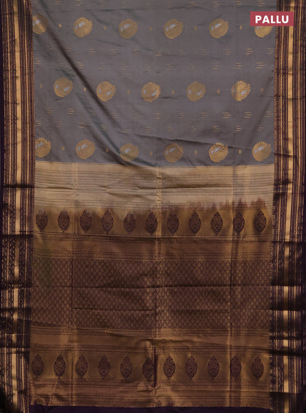 Semi soft silk saree grey and deep purple with allover zari woven buttas and zari woven border