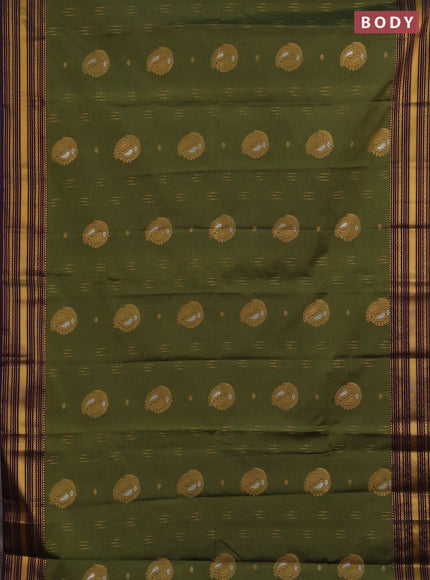 Semi soft silk saree sap green and deep purple with allover zari woven buttas and zari woven border