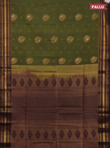Semi soft silk saree sap green and deep purple with allover zari woven buttas and zari woven border