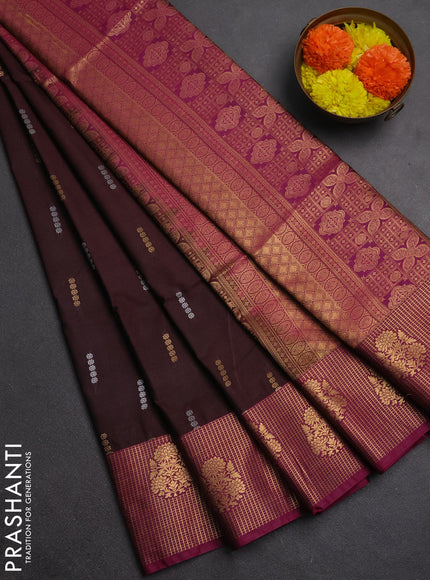 Semi soft silk saree deep maroon and dark magenta pink with allover silver & gold zari woven buttas and zari woven butta border