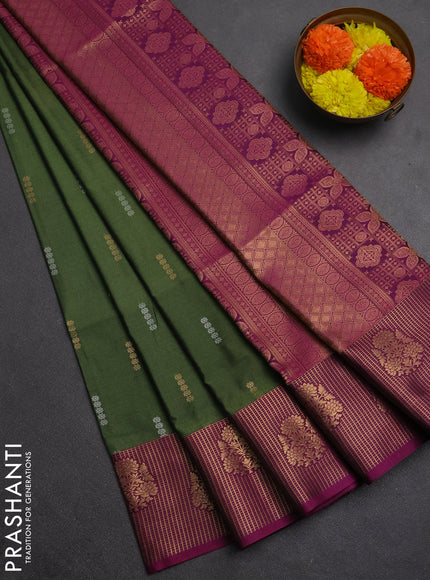 Semi soft silk saree sap green and dark magenta pink with allover silver & gold zari woven buttas and zari woven butta border