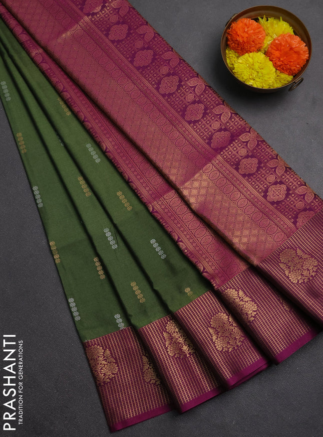 Semi soft silk saree sap green and dark magenta pink with allover silver & gold zari woven buttas and zari woven butta border