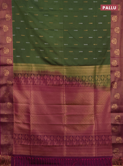Semi soft silk saree sap green and dark magenta pink with allover silver & gold zari woven buttas and zari woven butta border
