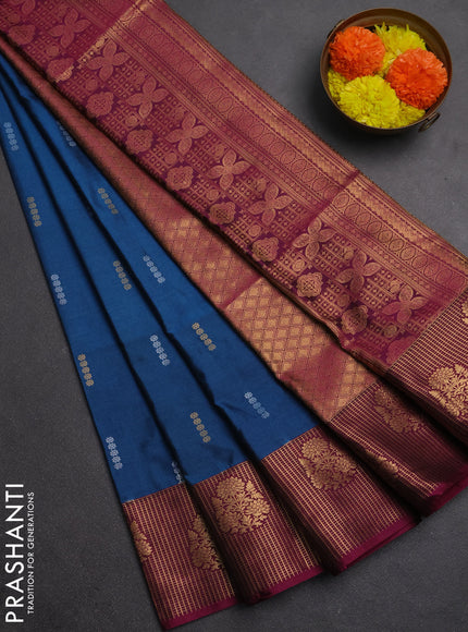 Semi soft silk saree peacock blue and dark magenta pink with allover silver & gold zari woven buttas and zari woven butta border