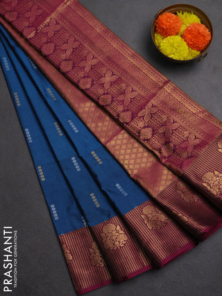 Semi soft silk saree peacock blue and dark magenta pink with allover silver & gold zari woven buttas and zari woven butta border