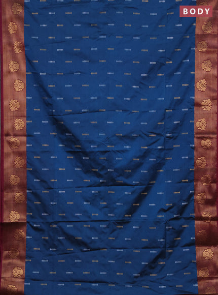 Semi soft silk saree peacock blue and dark magenta pink with allover silver & gold zari woven buttas and zari woven butta border