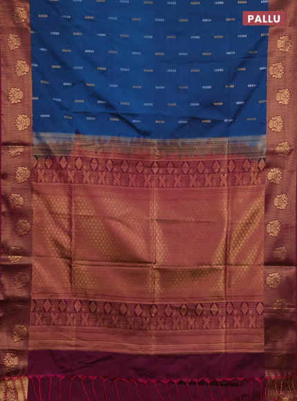 Semi soft silk saree peacock blue and dark magenta pink with allover silver & gold zari woven buttas and zari woven butta border