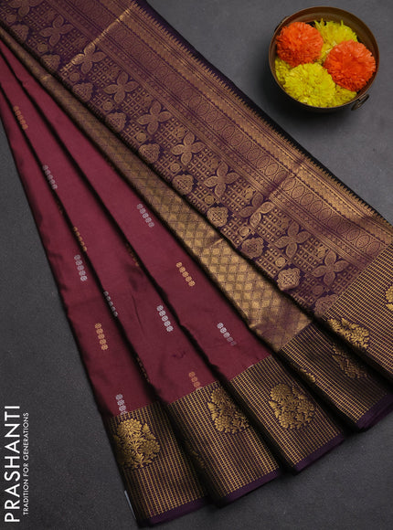 Semi soft silk saree maroon shade and purple with allover silver & gold zari woven buttas and zari woven butta border