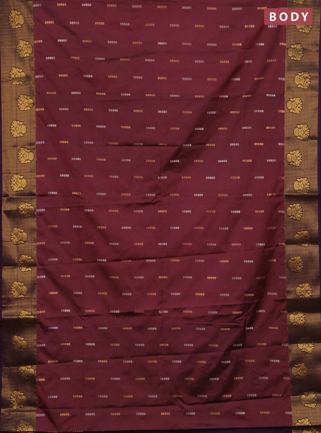 Semi soft silk saree maroon shade and purple with allover silver & gold zari woven buttas and zari woven butta border