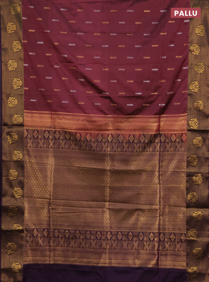 Semi soft silk saree maroon shade and purple with allover silver & gold zari woven buttas and zari woven butta border
