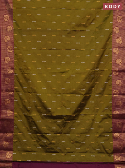 Semi soft silk saree mehendi green and dark magenta pink with allover silver & gold zari woven buttas and zari woven butta border