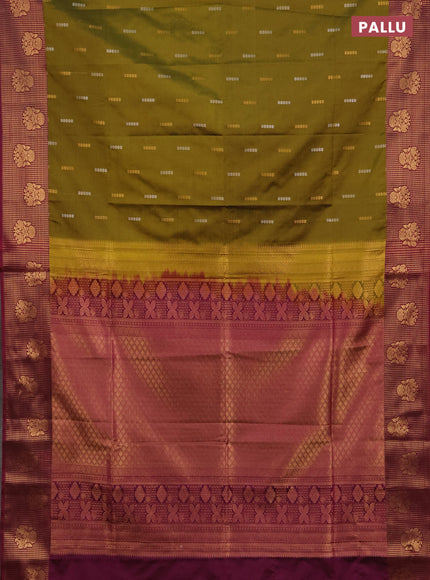 Semi soft silk saree mehendi green and dark magenta pink with allover silver & gold zari woven buttas and zari woven butta border