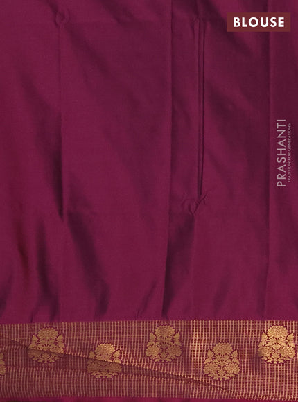 Semi soft silk saree mehendi green and dark magenta pink with allover silver & gold zari woven buttas and zari woven butta border