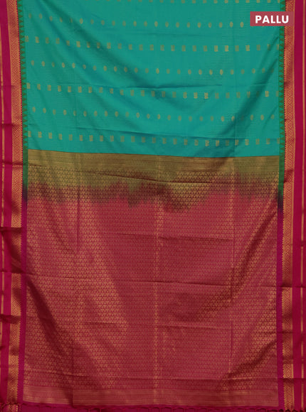 Semi soft silk saree teal green and pink with allover zari weaves & buttas and rettapet zari woven border