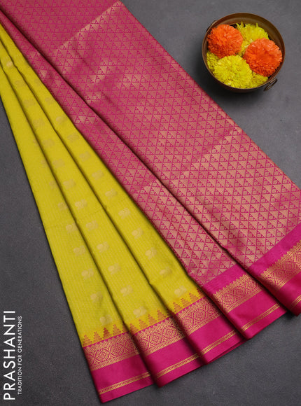 Semi soft silk saree yellow and pink with allover zari weaves & buttas and rettapet zari woven border