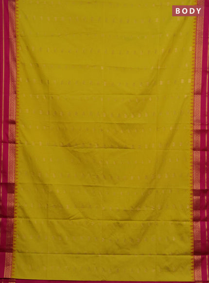 Semi soft silk saree yellow and pink with allover zari weaves & buttas and rettapet zari woven border