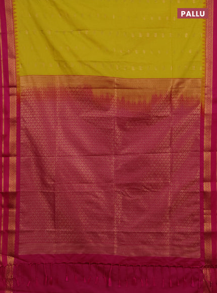 Semi soft silk saree yellow and pink with allover zari weaves & buttas and rettapet zari woven border