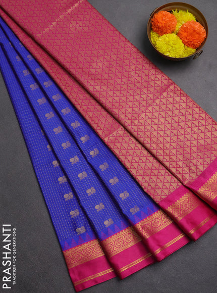 Semi soft silk saree blue and pink with allover zari weaves & buttas and rettapet zari woven border