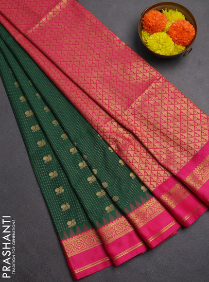 Semi soft silk saree bottle green and pink with allover zari weaves & buttas and rettapet zari woven border