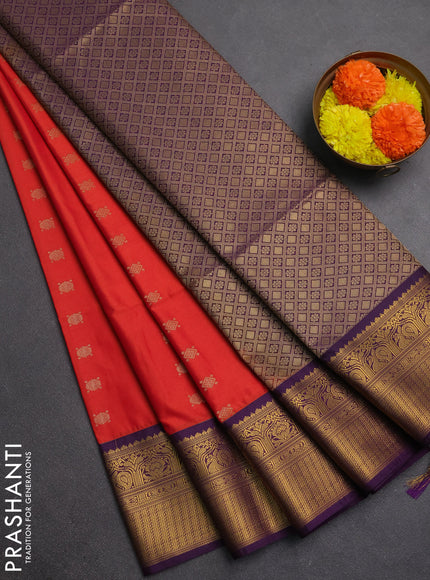 Semi soft silk saree red and purple with allover zari woven buttas and zari woven border